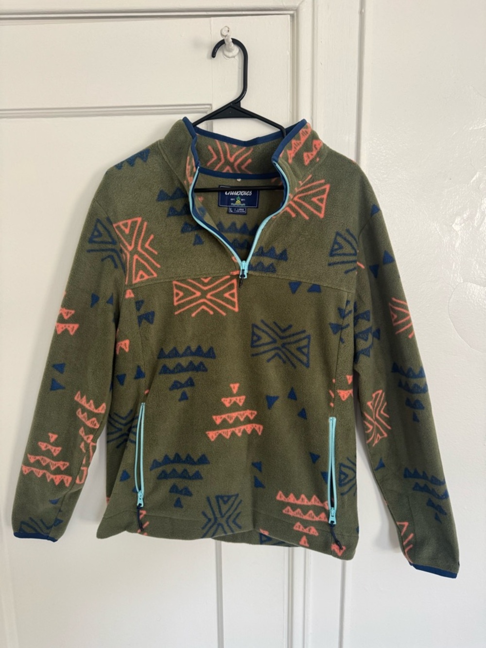 chubbies Olive Green Quarter-Zip Fleece with Coral & Navy Print